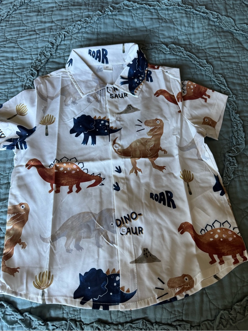 SHEIN White Button-Down Shirt with Brown & Navy Dinosaur Print